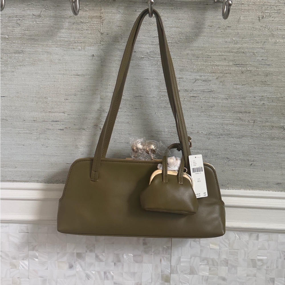 NWT new Anthropologie faux leather east west bag purse moss Green olive + mini - Picture 3 of 16